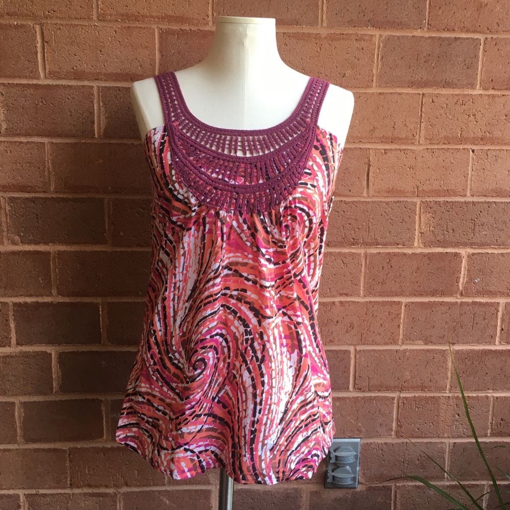 Prana Orange and Pink Swirl Lace Detail Tank